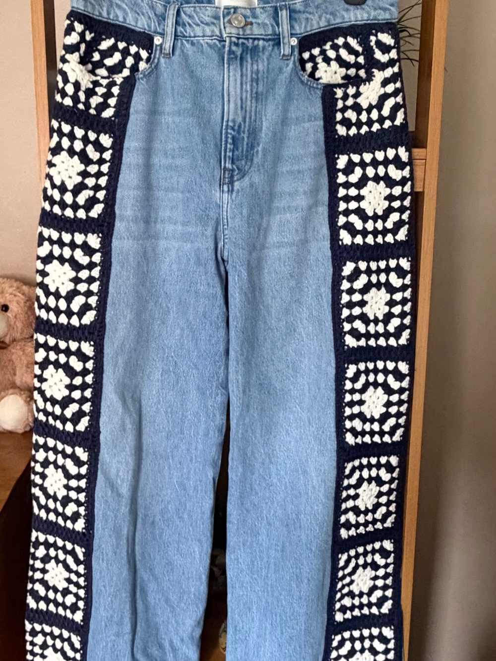 Frame Denim Light Blue Straight Jeans with Navy & White Crochet Panels